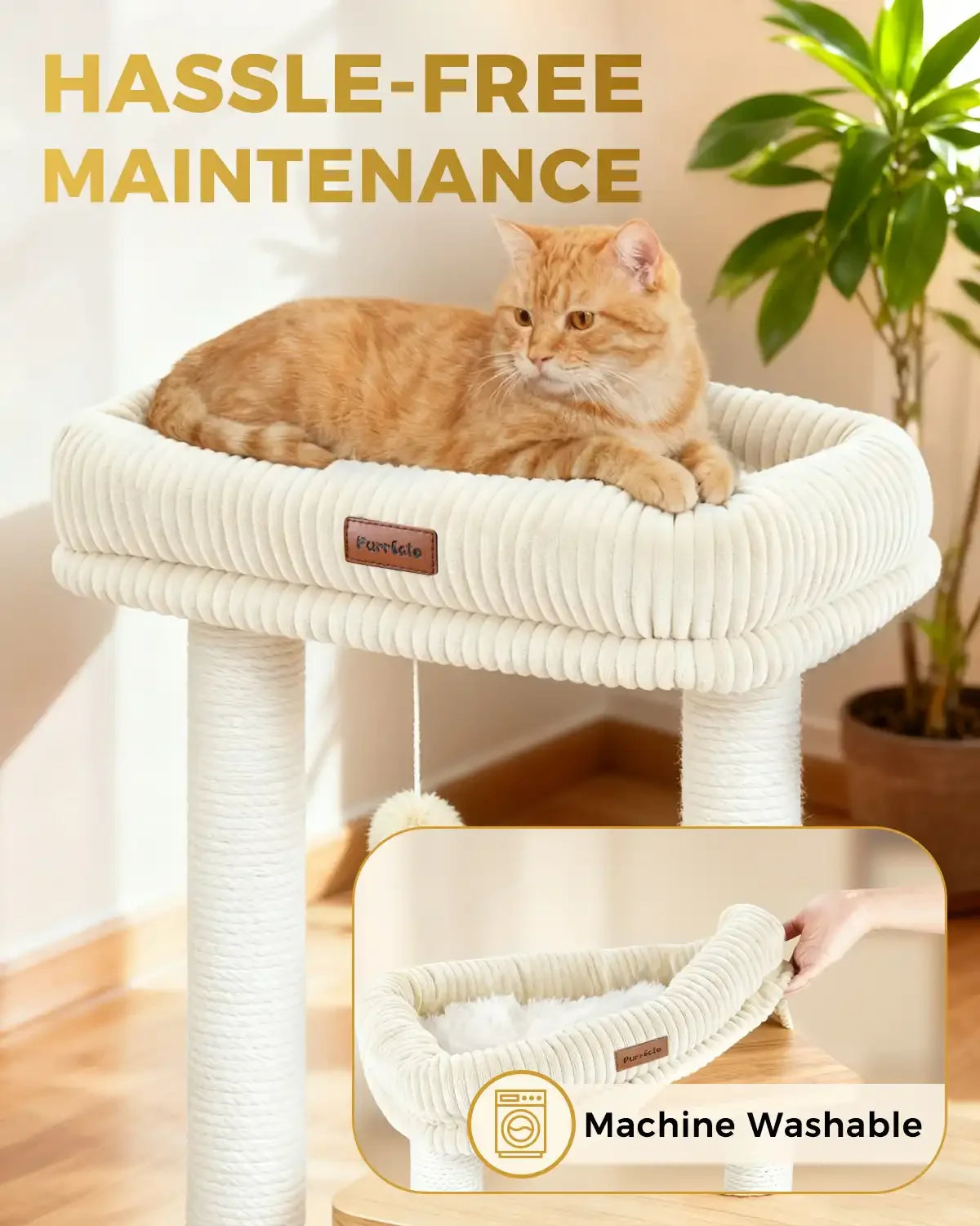 Hassle-free maintenance infographic for Purrlato Nordic Loft cat tree, showcasing a machine washable white corduroy cat bed being removed by a hand, with an orange tabby cat resting on top.