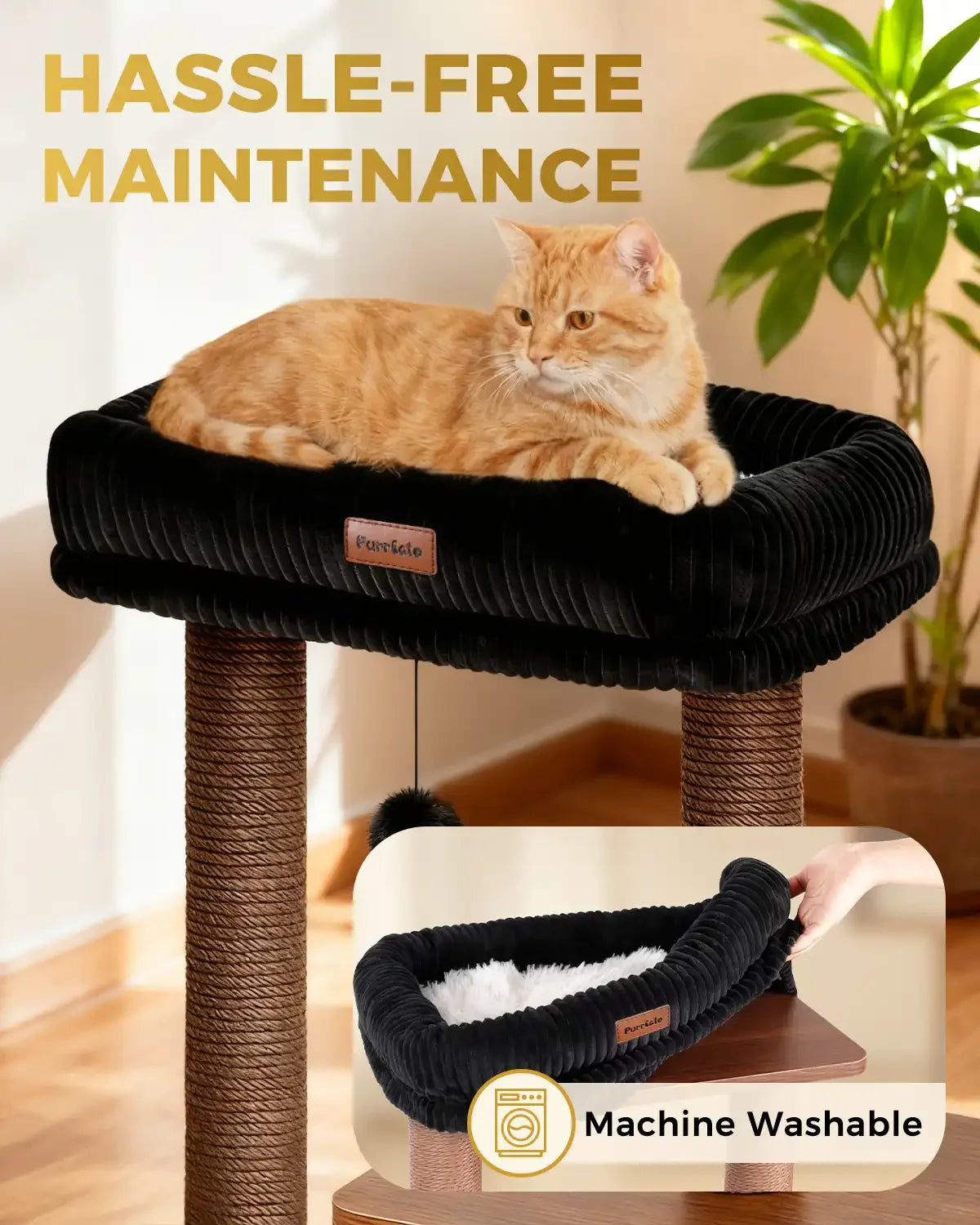 Hassle-free maintenance infographic for Purrlato Nordic Loft cat tree, showcasing a machine washable black corduroy cat bed being removed by a hand, with an orange tabby cat resting on top.