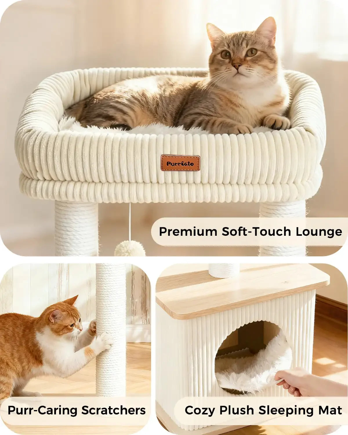 Premium comfort details of Purrlato Nordic Loft cat tree, showcasing a tabby cat on the soft-touch lounge, a ginger cat using the paper rope scratcher, and a hand pulling the cozy plush sleeping mat.