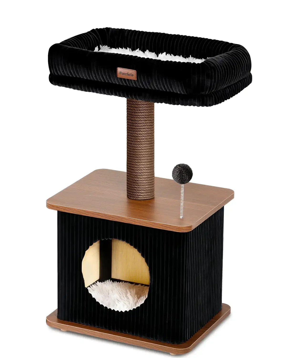 Purrlato Nordic Loft 30-inch standard walnut wooden cat tree tower isolated on a white background, featuring a single paper rope scratching post, a black corduroy cat condo, and a white PV plush perch.