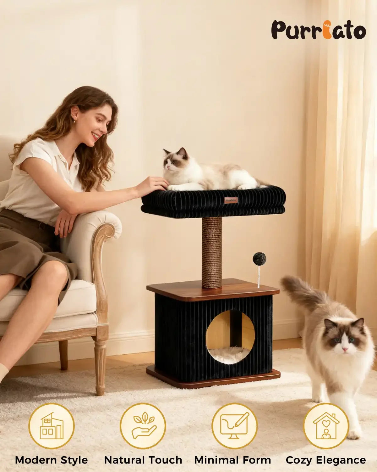 Cozy living room infographic for Purrlato Nordic Loft standard walnut cat tree, showing a smiling woman petting a ragdoll cat on the top perch while another ragdoll cat walks forward.