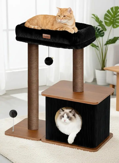 Purrlato Nordic Loft 35-inch large walnut wood cat tree tower featuring an orange tabby cat on the black corduroy perch and a ragdoll cat inside the condo cave with paper rope posts.