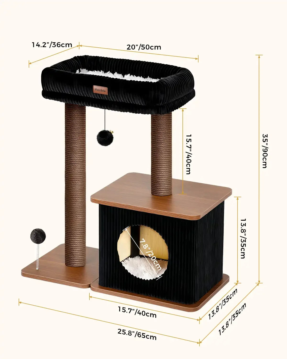 Product dimension chart for Purrlato Nordic Loft walnut cat tree, showcasing 35" (90cm) total height, 25.8" (65cm) total width, 13.8" (35cm) depth, 15.7" (40cm) condo width, and a 20" top perch.