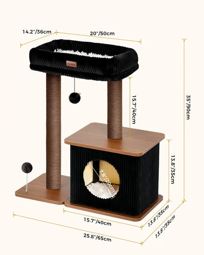 Product dimension chart for Purrlato Nordic Loft walnut cat tree, showcasing 35" (90cm) total height, 25.8" (65cm) total width, 13.8" (35cm) depth, 15.7" (40cm) condo width, and a 20" top perch.
