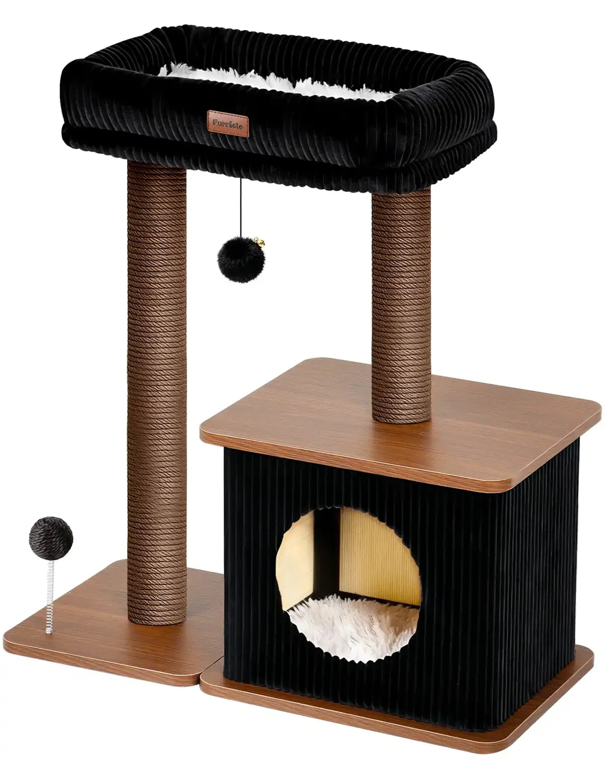 Purrlato Nordic Loft 35-inch large walnut wooden cat tree tower isolated on a white background, featuring dual paper rope scratching posts, a black corduroy cat condo, and a white PV plush perch.