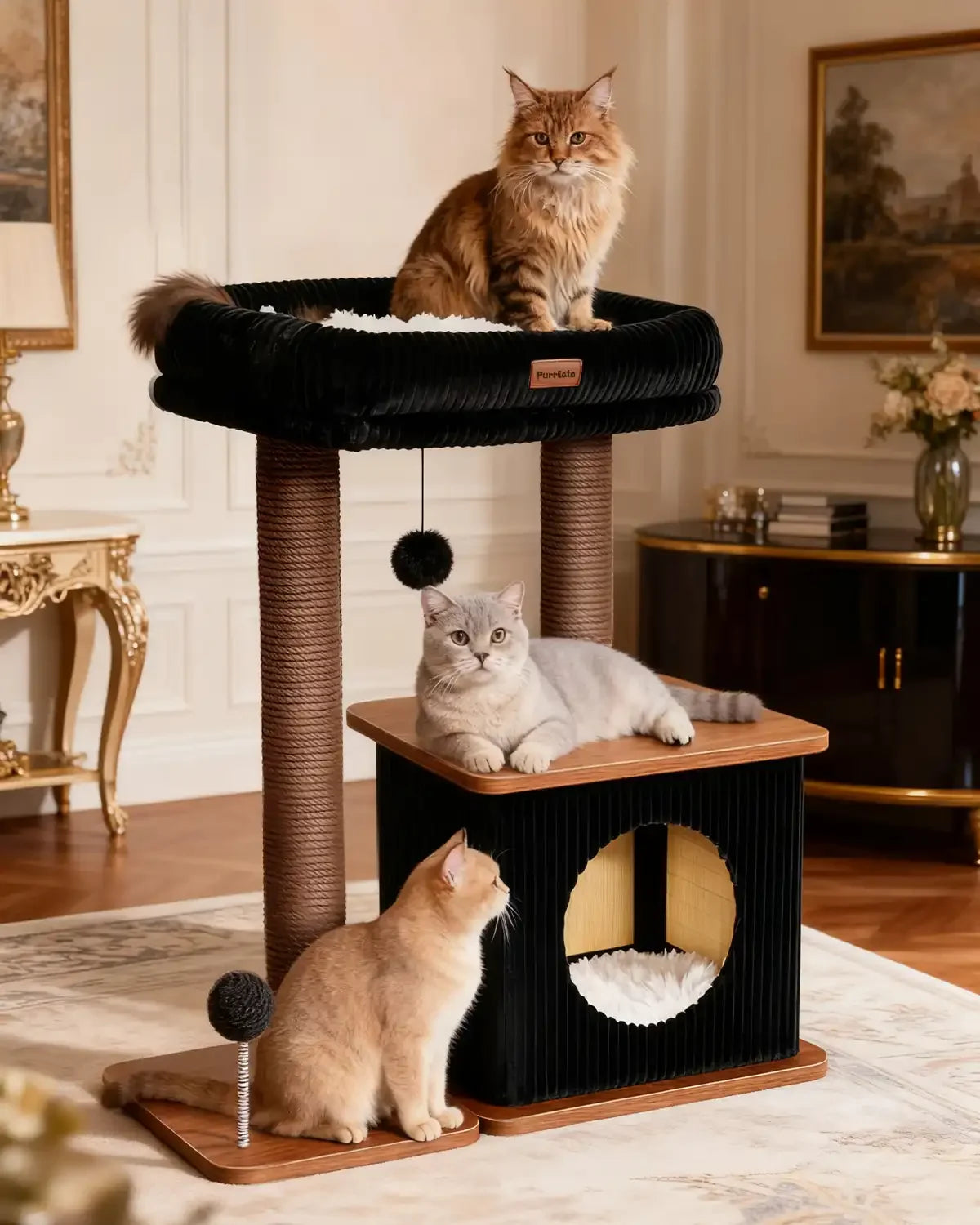Purrlato Nordic Loft 35-inch walnut wood cat tree tower placed in a luxury retro living room with three cats: a long-haired tabby on top, a British Shorthair on the condo, and a golden cat on the base.