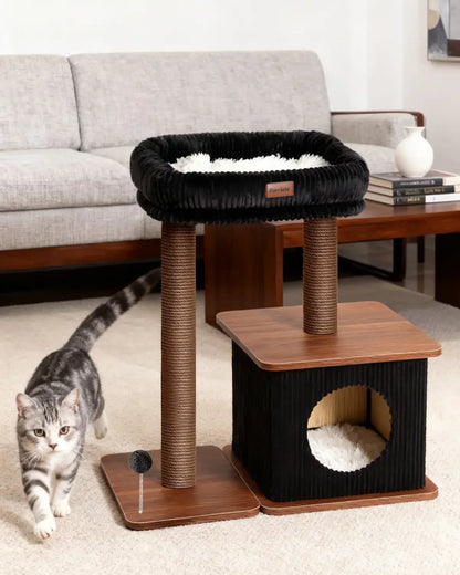 Purrlato Nordic Loft 35-inch walnut wood cat tree tower next to a grey fabric sofa and wooden coffee table, with an American Shorthair cat walking in the foreground.
