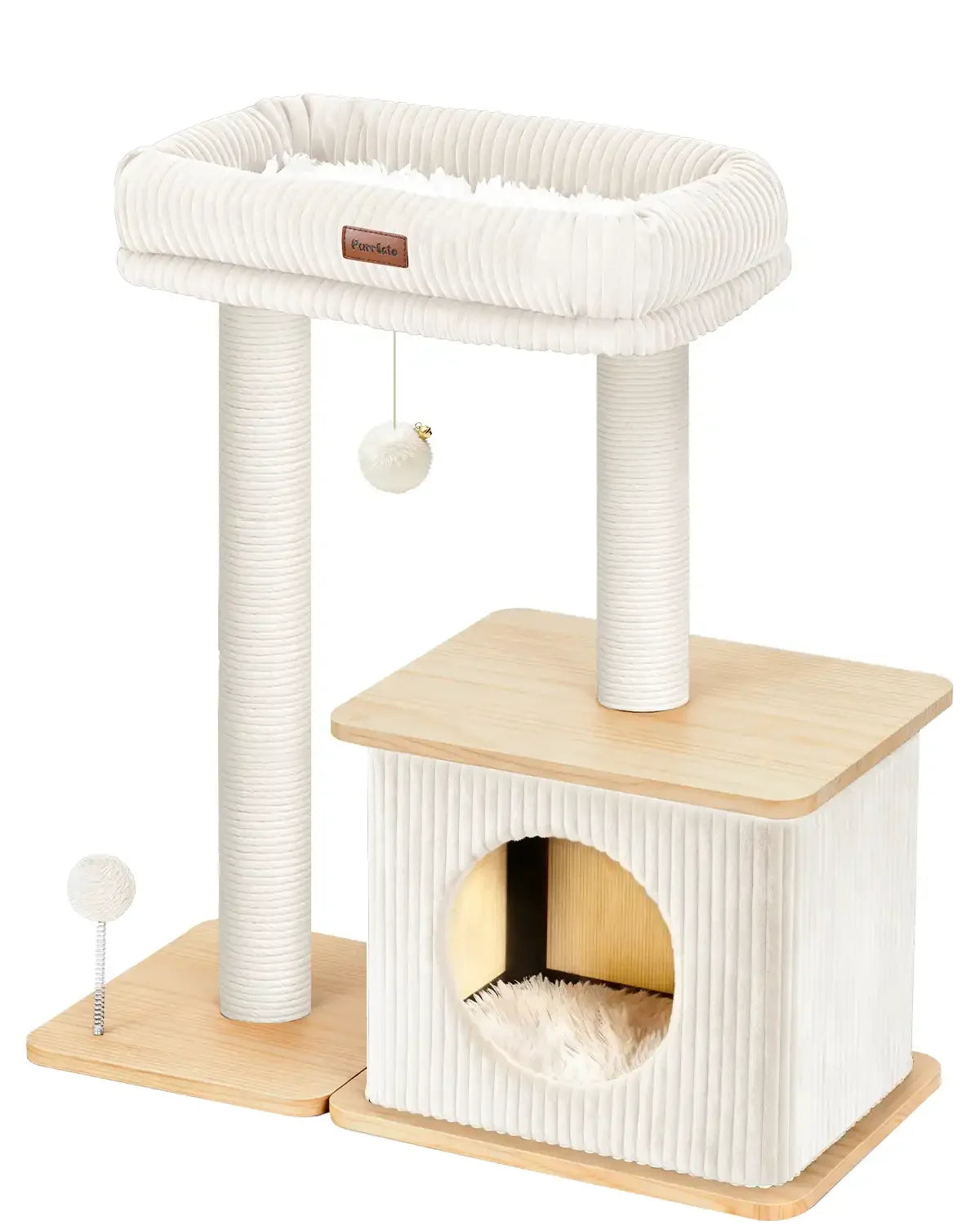 Purrlato Nordic Loft 35-inch large walnut and ash white wooden cat tree tower isolated on a white background, featuring dual paper rope scratching posts, a white corduroy cat condo cave, and a plush top perch.