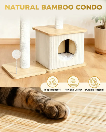 Natural bamboo cat condo infographic for Purrlato Nordic Loft cat tree, featuring biodegradable eco-friendly materials, a non-slip design, durable structure, and a cat paw in the foreground.