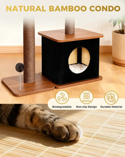 Natural bamboo cat condo infographic for Purrlato Nordic Loft cat tree, featuring biodegradable eco-friendly materials, a non-slip design, durable structure, and a cat paw in the foreground.