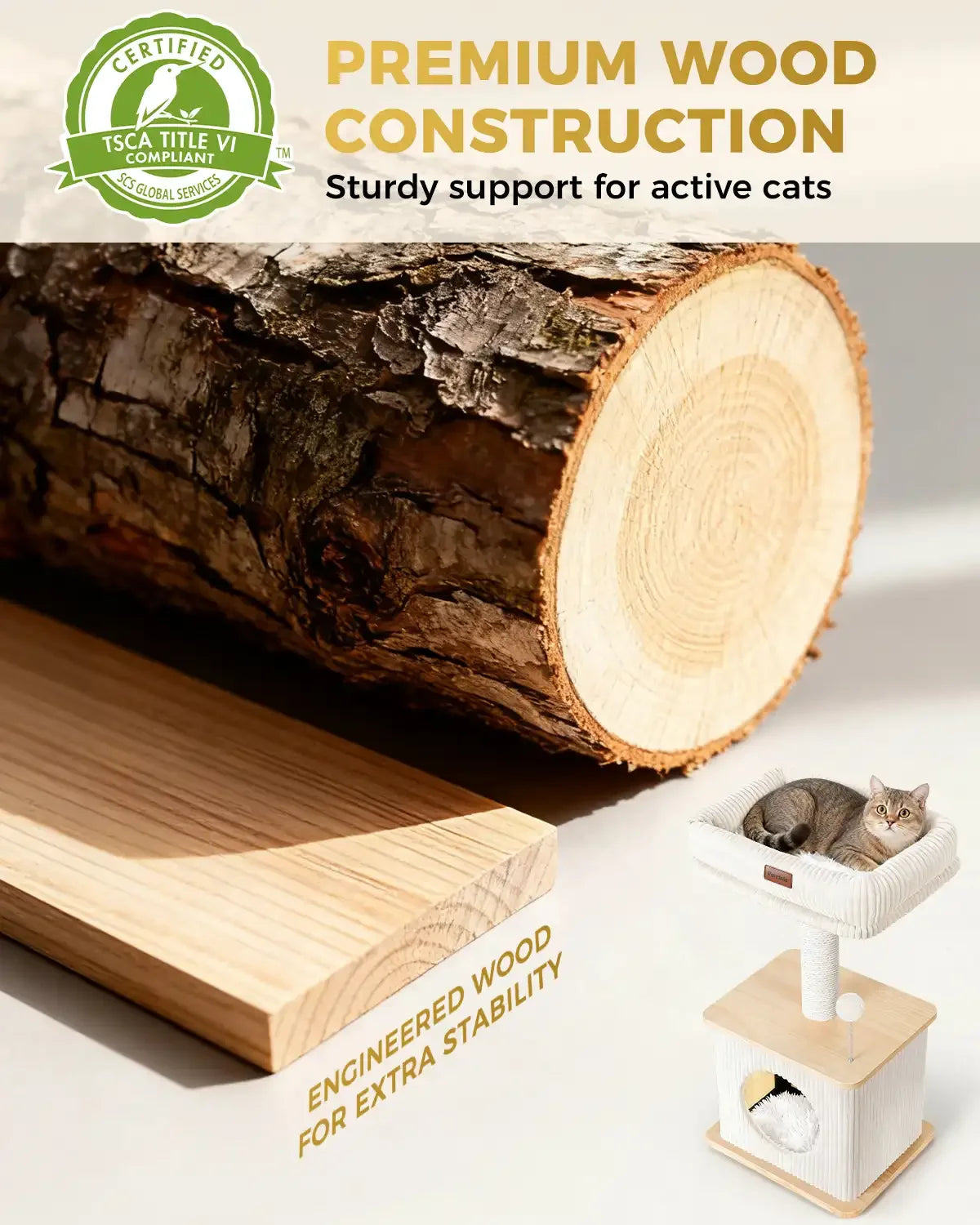 Premium wood construction infographic for Purrlato Nordic Loft cat tree, featuring a TSCA Title VI certified compliant badge, engineered wood for extra stability, a natural tree log close-up, and a standard cat tower model.