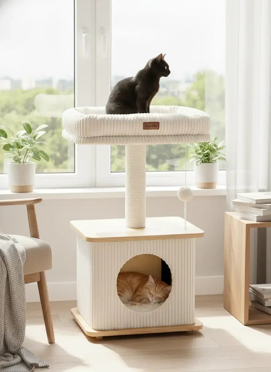 Purrlato Nordic Loft standard ash white wooden cat tree next to a bright window, featuring a single paper rope scratching post, a black cat sitting on the top corduroy perch, and an orange tabby cat sleeping inside the condo cave.