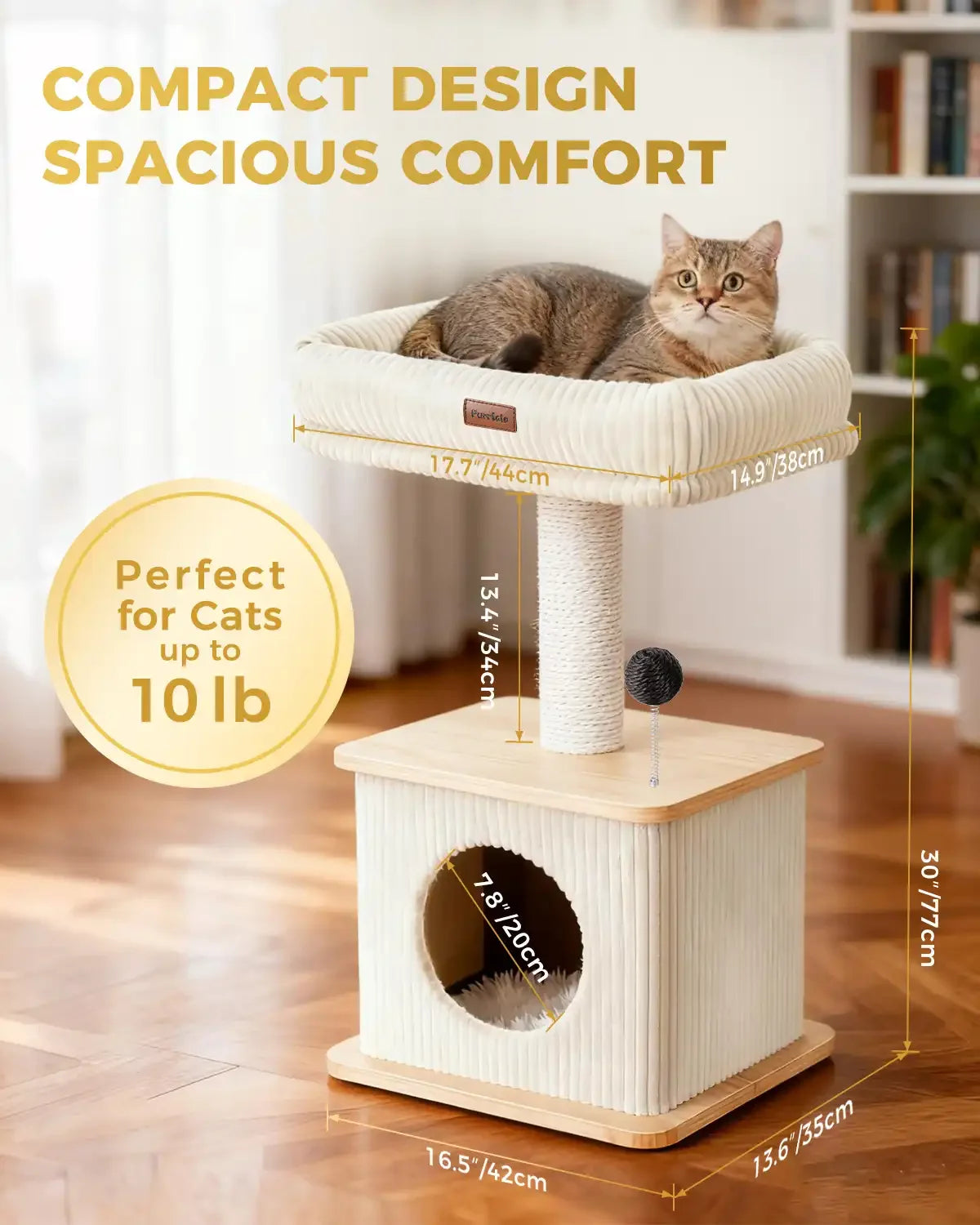 Standard size chart infographic for Purrlato Nordic Loft cat tree, featuring compact design dimensions of 30 inches (77cm) total height, 16.5 inches (42cm) width, and a 17.7-inch top perch, labeled perfect for cats up to 10 lbs.