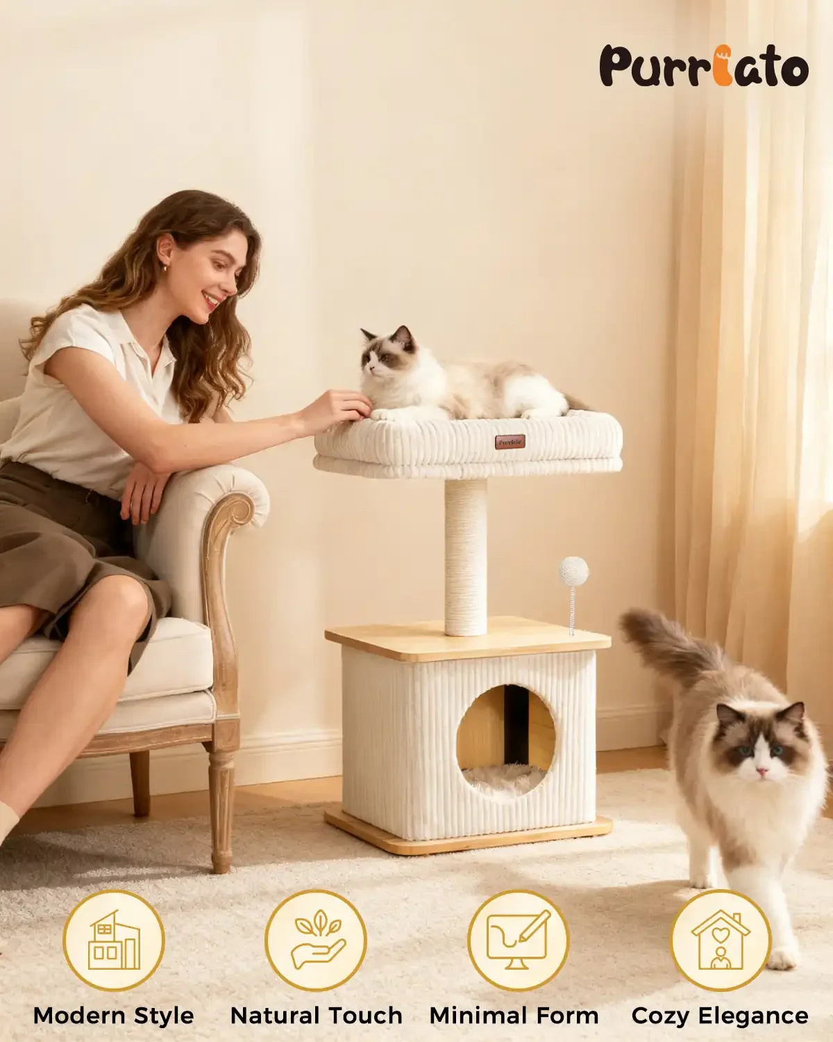 Aesthetic lifestyle image for Purrlato Nordic Loft standard cat tree, featuring a woman petting a ragdoll cat on the corduroy perch, another ragdoll kitten walking in the foreground, and modern style design icons.