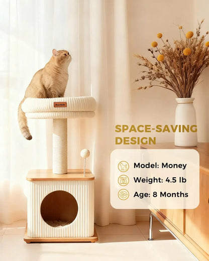Space-saving design infographic for Purrlato Nordic Loft standard cat tree, featuring a 4.5 lb golden British Shorthair kitten named Money sitting on the plush perch next to a flower vase.