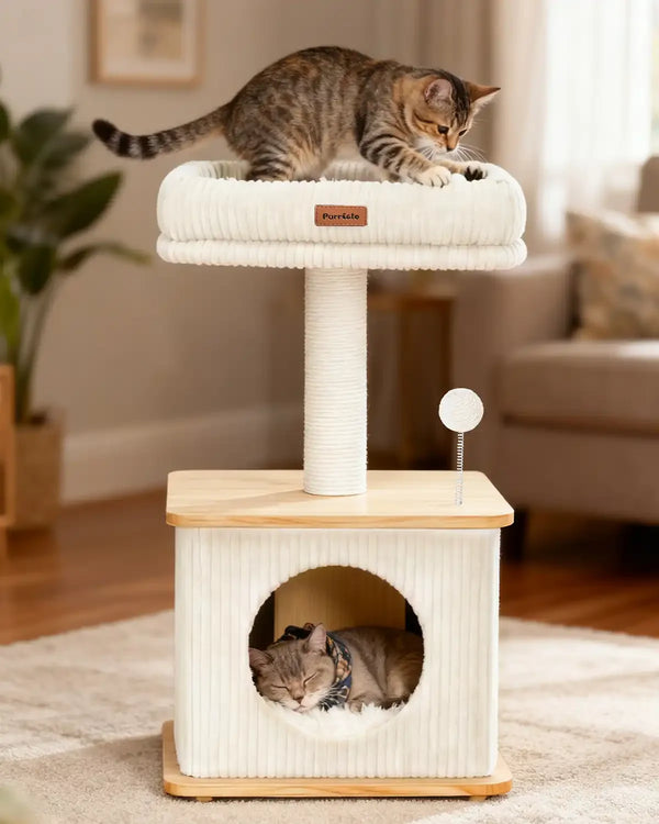 Standard Purrlato Nordic Loft ash white cat tree on a living room rug, with a tabby cat scratching on the top corduroy perch and another cat sleeping comfortably inside the bamboo condo.