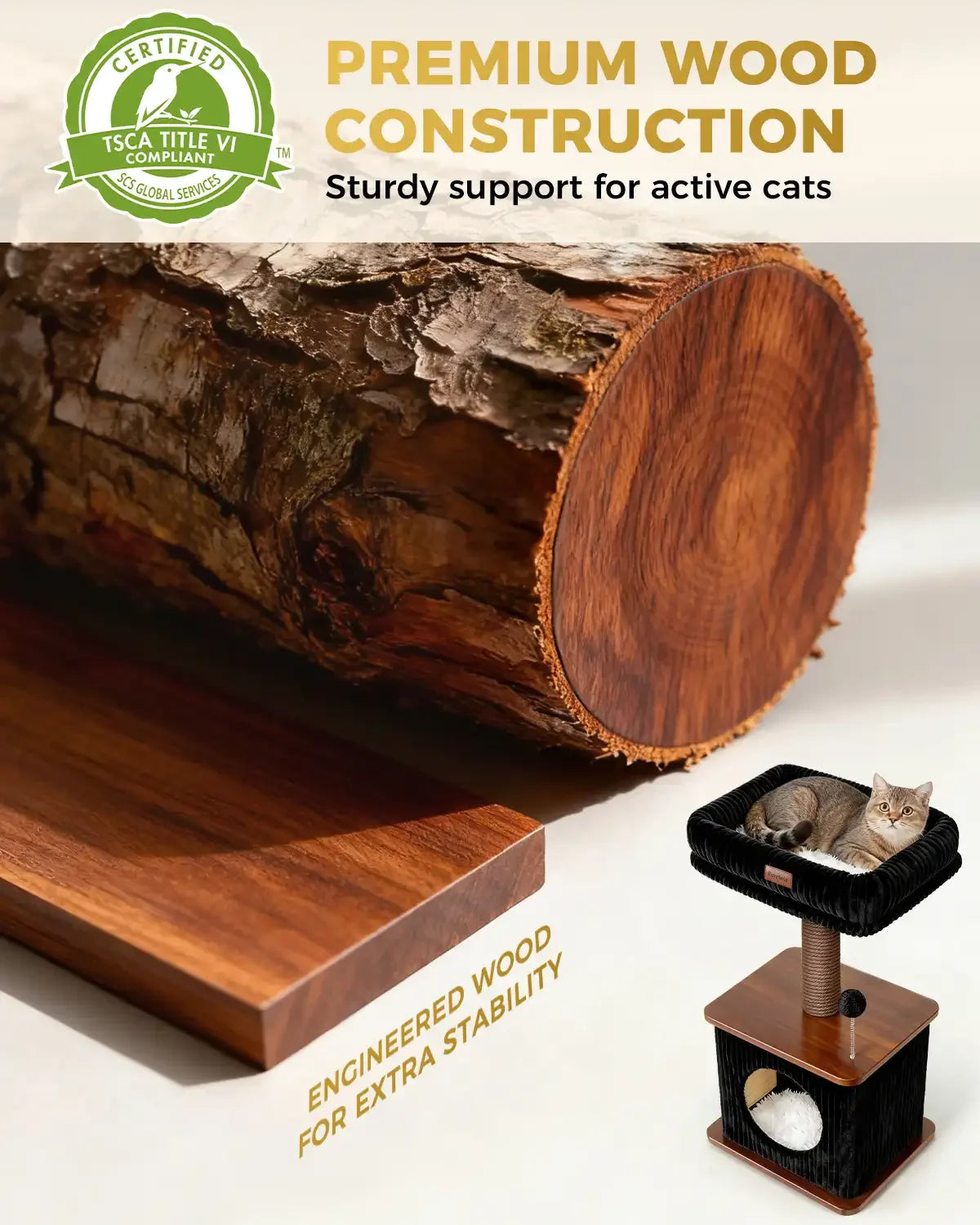 TSCA Title VI certified premium wood construction infographic for Purrlato Nordic Loft cat tree, showcasing engineered wood for extra stability, a raw log with bark, and a tabby cat on the product shot.