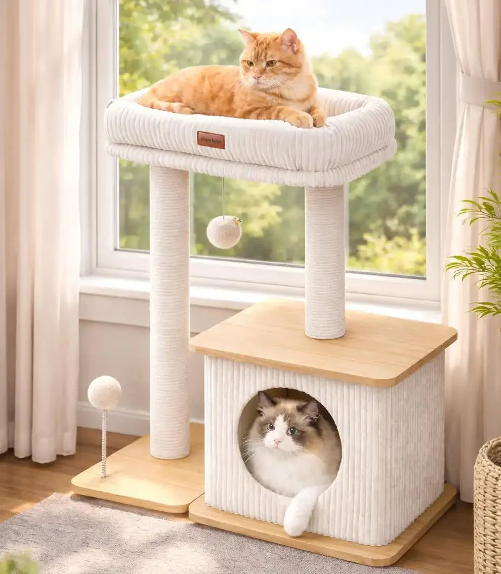 Purrlato Nordic Loft large ash white wooden cat tree next to a window, featuring a ginger tabby cat lounging on the top corduroy perch and a fluffy ragdoll cat resting inside the bamboo condo cave.