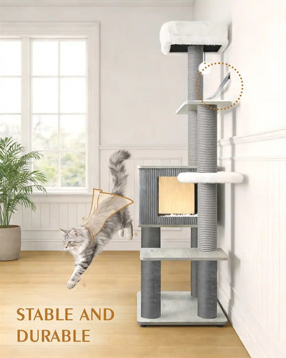 Stable and durable Purrlato cat tree in a living room, with a cat jumping off the platform and a detailed view showing the anti-toppling safety wall strap.