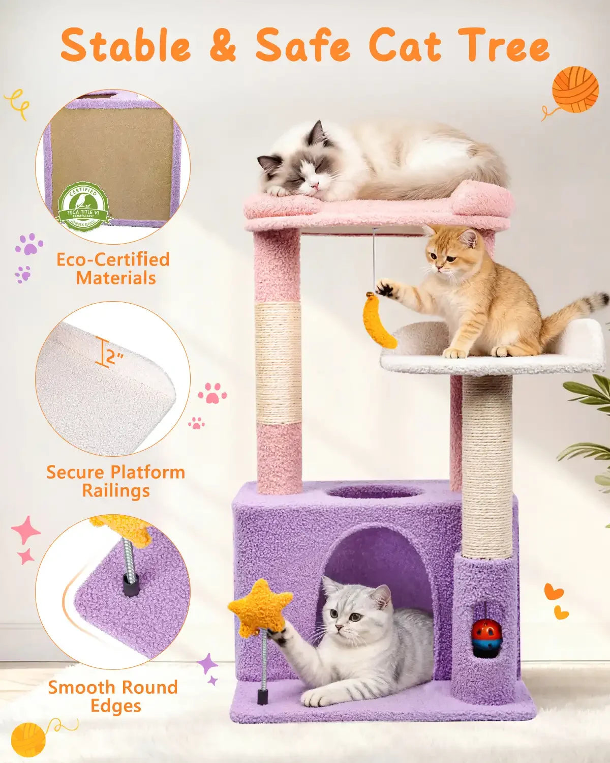 Stable and safe Purrlato cat tree tower made with eco-certified materials, secure platform railings, and round edges.