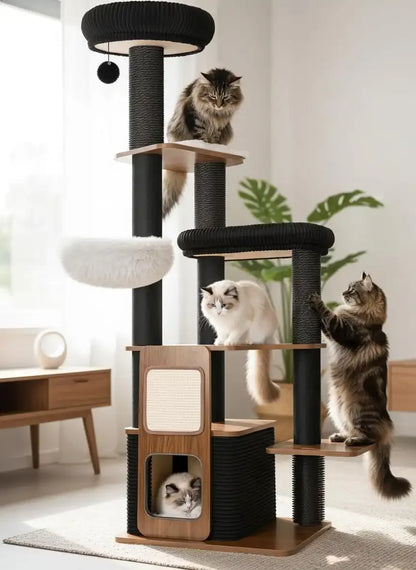 A 63-inch Walnut Prestige modern cat tree with four cats, featuring a reinforced wood base, cozy condos, a soft white hammock, and black sisal scratching posts.