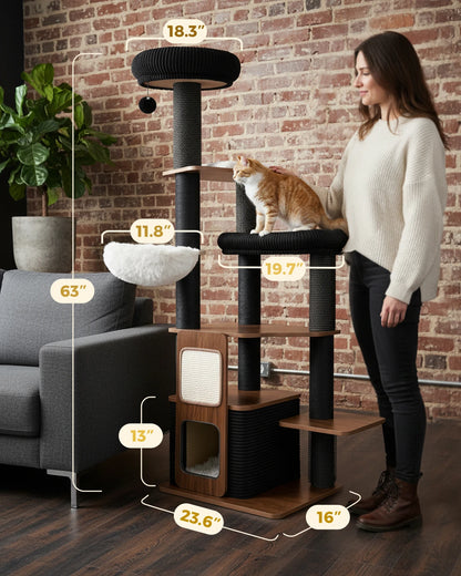 Detailed size chart of the Purrlato Walnut Prestige cat tree in a living room, indicating dimensions including 63-inch total height, 23.6-inch base width, and 19.7-inch large platform.
