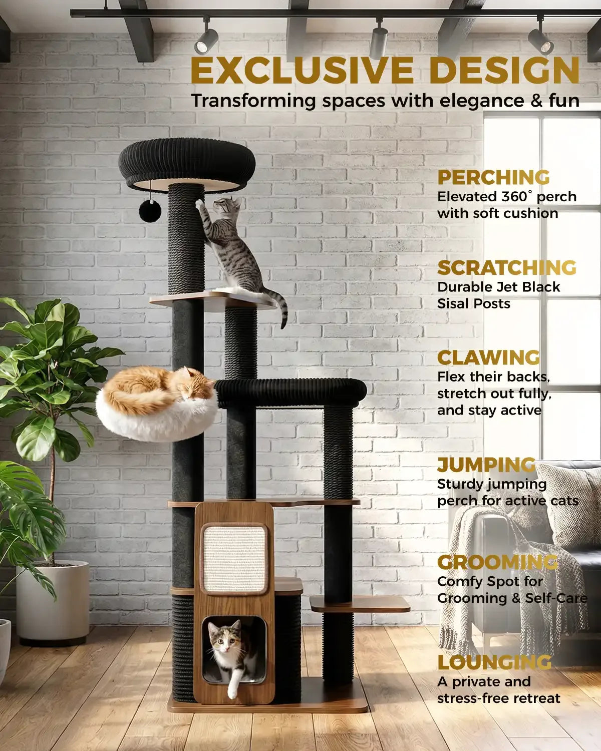 Features diagram of Purrlato Walnut Prestige cat tree showing an elevated 360 degree perch with soft cushion, durable jet black sisal posts, sturdy jumping perch, and a private lounging condo retreat.