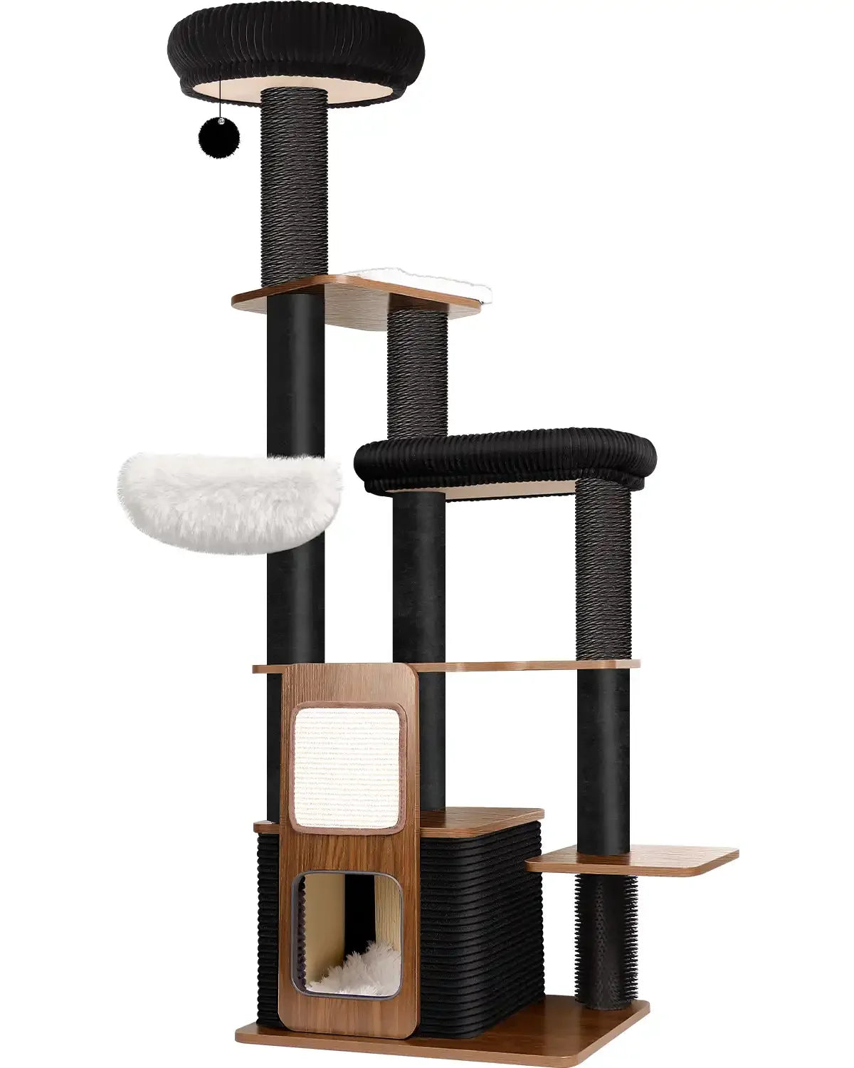 Purrlato Walnut Prestige 63-inch modern cat tree isolated on a white background, showing the walnut wood grain platforms, black sisal posts, white plush hammock, and private condo.
