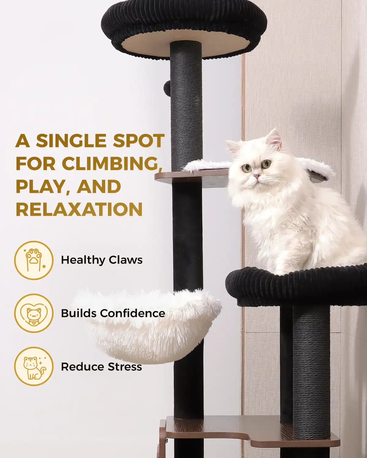 A beautiful white cat on the Purrlato Walnut Prestige cat tree, with text highlighting pet benefits including healthy claws, builds confidence, and reduce stress.