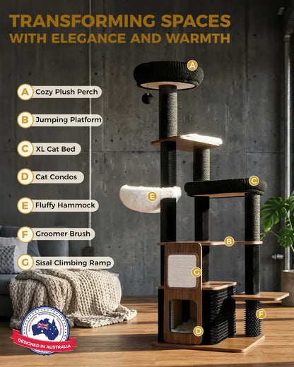 Features diagram of Purrlato Walnut Prestige cat tree showing a cozy plush perch, jumping platform, XL cat bed, cat condos, fluffy hammock, groomer brush, and a sisal climbing ramp.