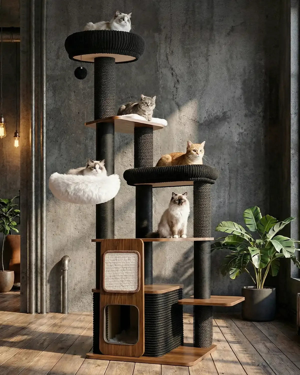 Five happy cats lounging on the Purrlato Walnut Prestige cat tree in a luxury modern room, showcasing the white plush hammock and dual cozy top beds.