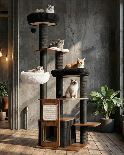 Five happy cats lounging on the Purrlato Walnut Prestige cat tree in a luxury modern room, showcasing the white plush hammock and dual cozy top beds.