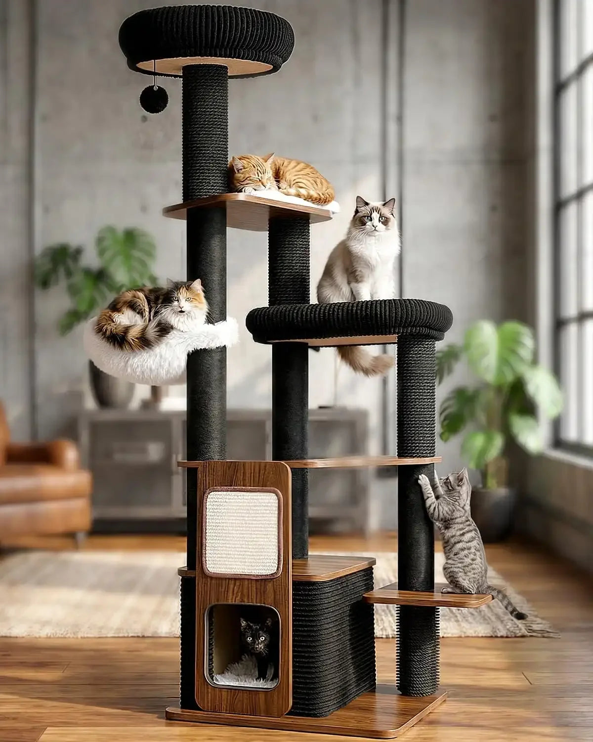 A 63-inch Purrlato Walnut Prestige cat tower showcasing five happy cats playing and lounging together, featuring a kitten scratching the post and a cat inside the modern wood condo.