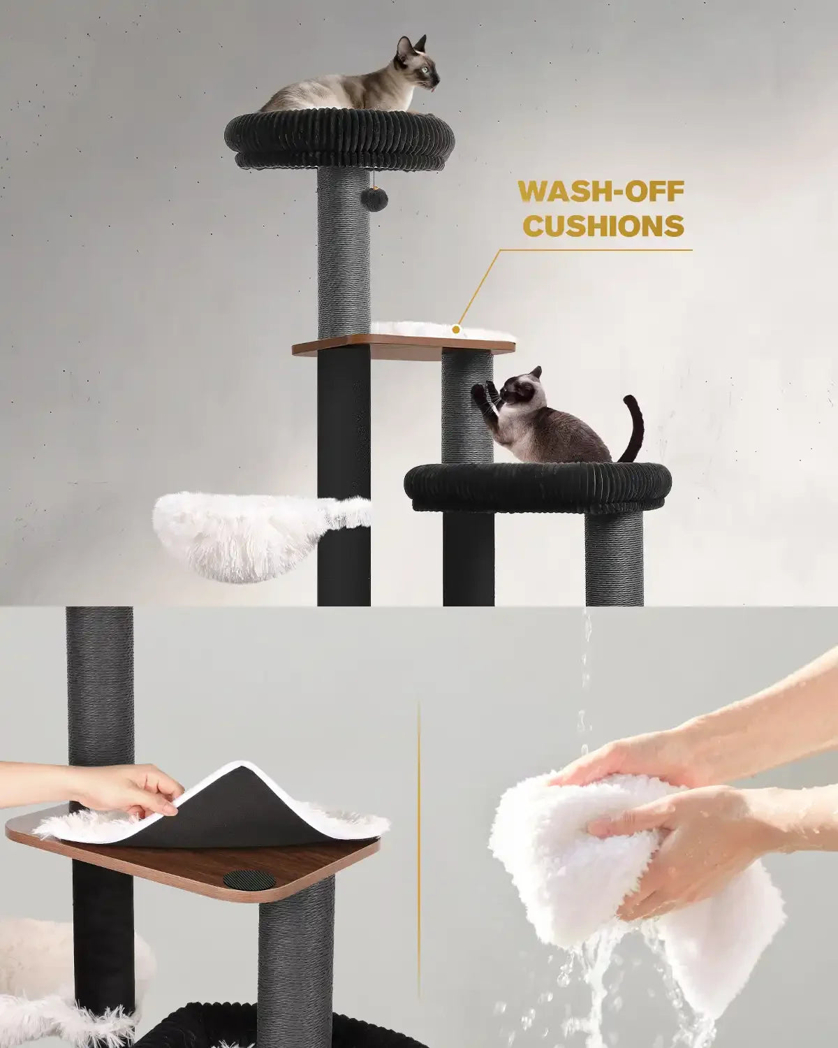 Details of Purrlato Walnut Prestige cat tree showing wash-off cushions, featuring a hand tearing off the removable plush pad and hands washing the fabric cushion under running water.
