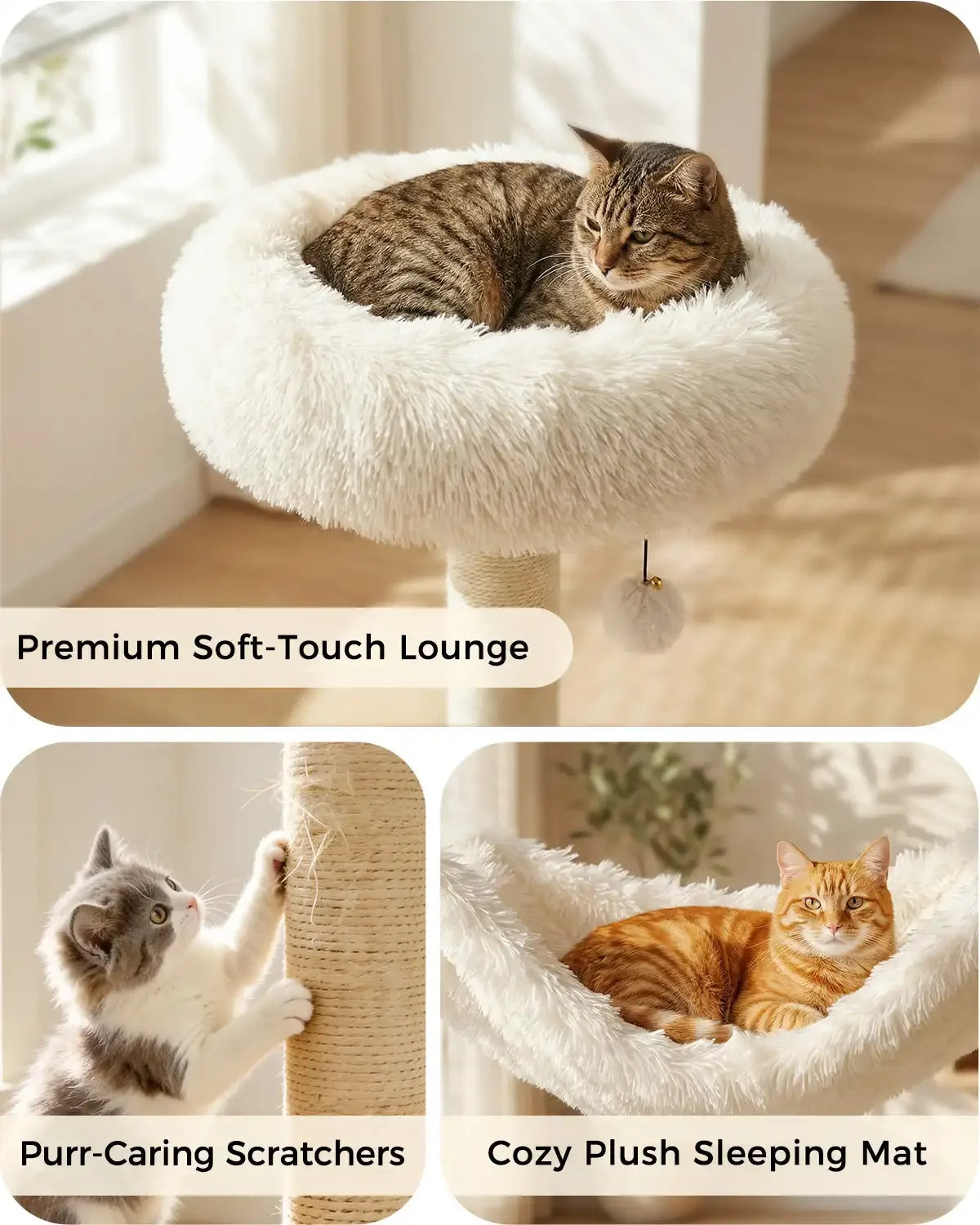 Premium details of Purrlato Wooden Luxe natural cat tree showing a tabby cat in the soft-touch lounge, a kitten using the sisal scratching post, and an orange cat in the plush sleeping mat.