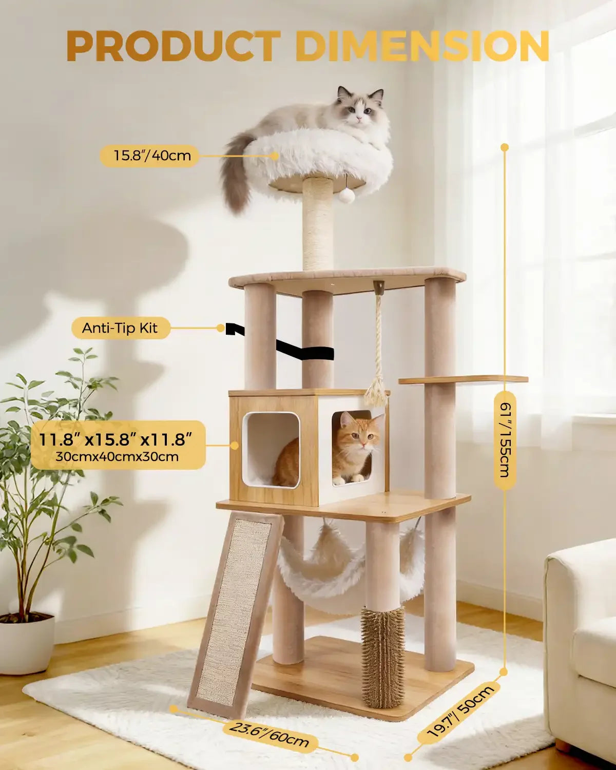 Product dimension chart for Purrlato Wooden Luxe natural cat tree, showcasing 61-inch (155cm) height, Anti-Tip Kit safety strap, a ragdoll cat on top, and an orange cat in the 11.8"x15.8"x11.8" condo.