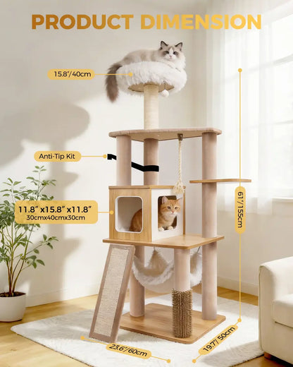 Product dimension chart for Purrlato Wooden Luxe natural cat tree, showcasing 61-inch (155cm) height, Anti-Tip Kit safety strap, a ragdoll cat on top, and an orange cat in the 11.8"x15.8"x11.8" condo.