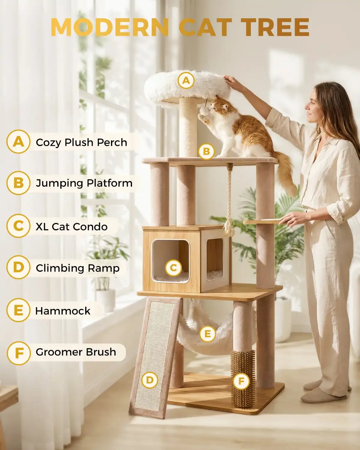 Product features diagram for Purrlato Wooden Luxe natural cat tree, showcasing cozy plush perch, jumping platform, XL cat condo, climbing ramp, soft hammock, and a cat groomer brush with a woman and cat.
