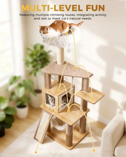 Multi-level fun infographic for Purrlato Wooden Luxe natural cat tree, showcasing multiple climbing routes and activity paths for an orange cat on top and a silver tabby inside the condo.