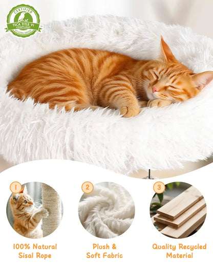 TSCA Title VI certified eco-friendly materials for Purrlato Wooden Luxe cat tree, showcasing 100% natural sisal rope, plush soft fabric, and an orange tabby cat sleeping in a fluffy white perch.