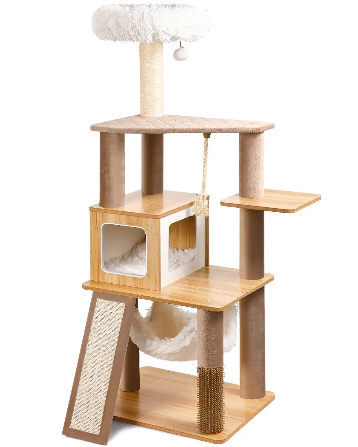 Purrlato Wooden Luxe 61-inch natural wood cat tree tower isolated on a white background, featuring white PV plush cushions, a beige holland velvet hammock, and natural sisal scratching posts.