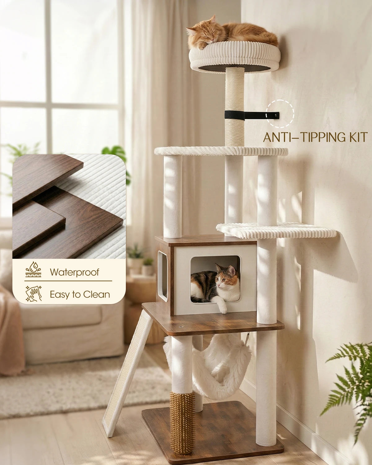 Stable Purrlato Wooden Luxe rustic brown cat tree featuring an Anti-Tipping Kit wall anchor, waterproof and easy to clean wood board, with an orange cat sleeping on top.