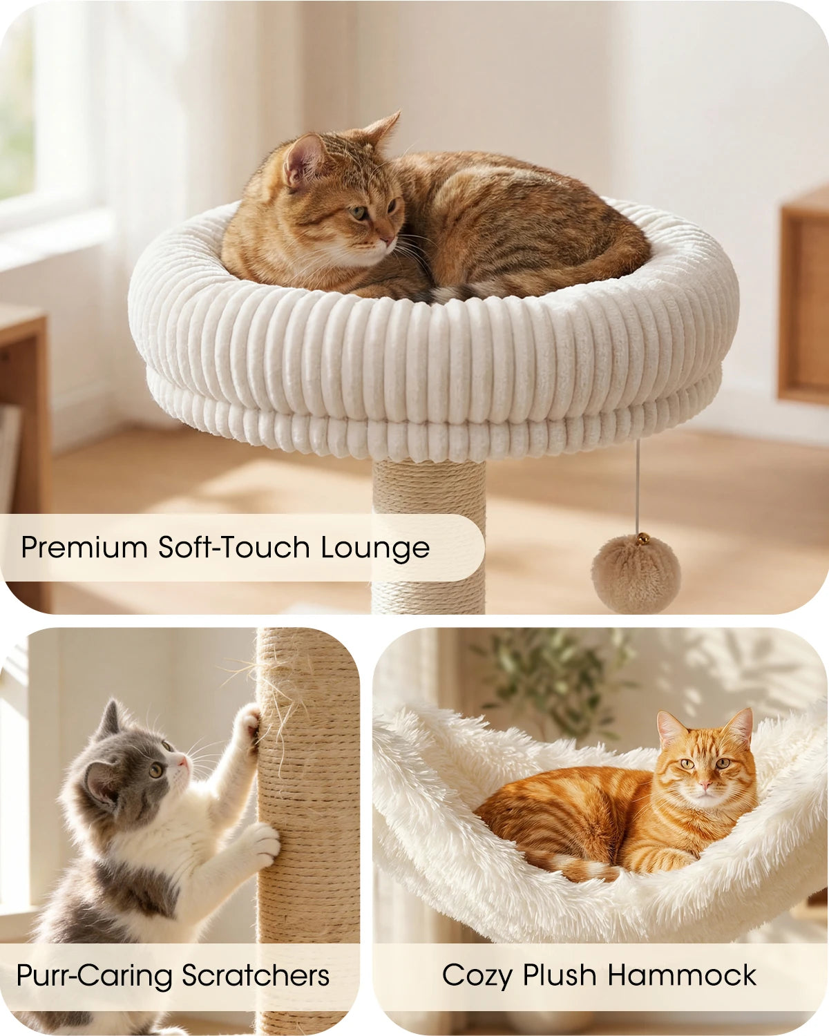 Premium details of Purrlato Wooden Luxe rustic brown cat tree showing a tabby cat in the soft-touch cream lounge, a kitten using the sisal scratching post, and an orange cat in the plush hammock.