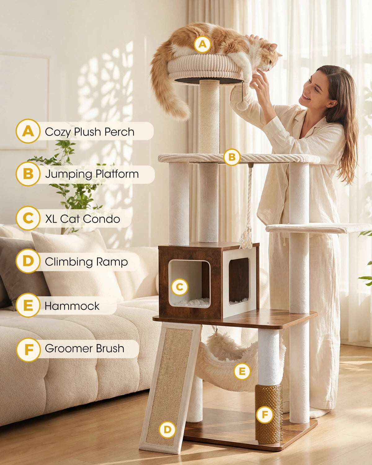 Product features diagram for Purrlato Wooden Luxe rustic brown cat tree, showcasing cozy plush perch, jumping platform, XL cat condo, climbing ramp, soft hammock, and a groomer brush with a woman and cat.