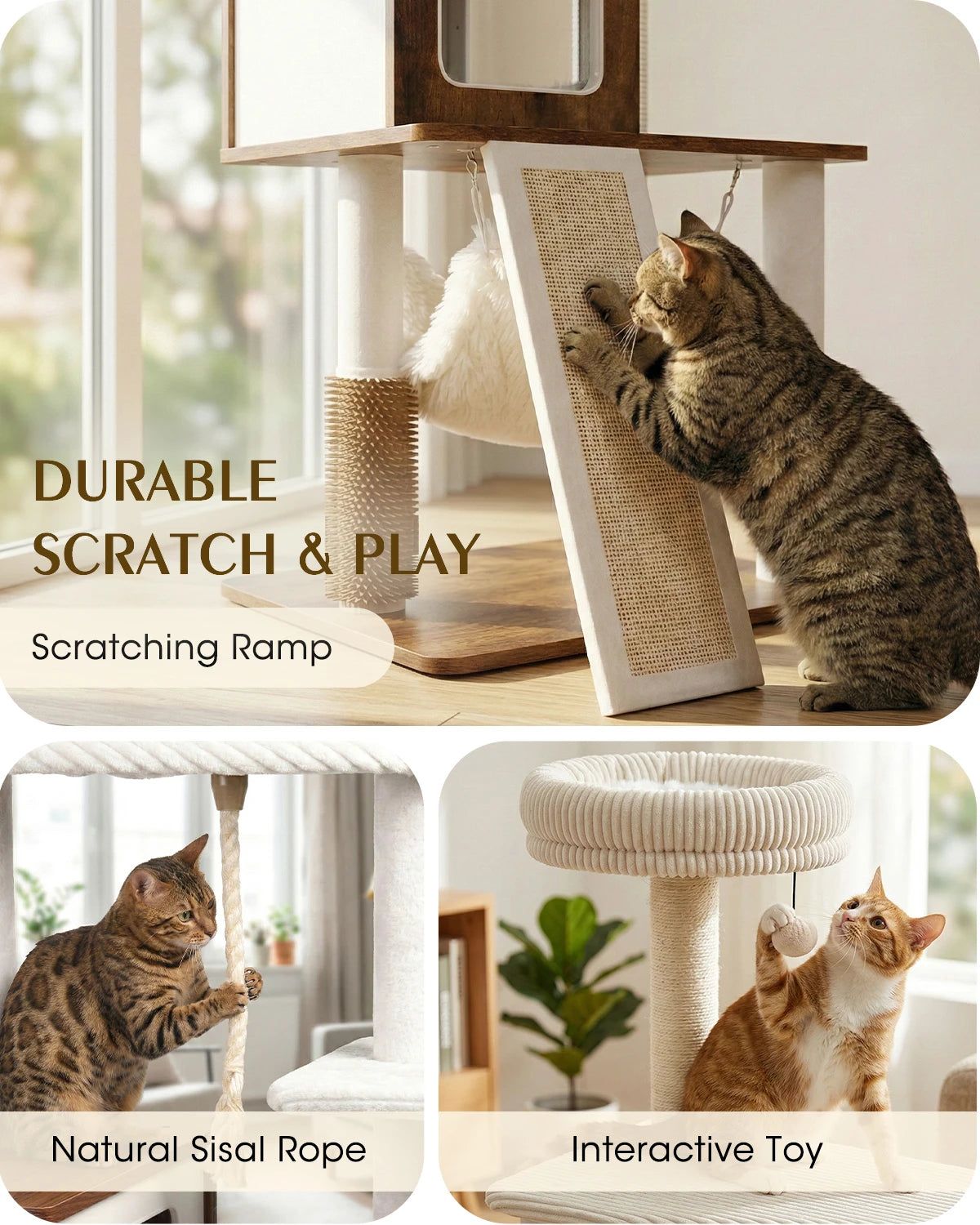Purrlato Wooden Luxe rustic brown cat tree featuring a tabby cat using the scratching ramp, a Bengal cat pulling the natural sisal rope, and an orange cat playing with the interactive toy.