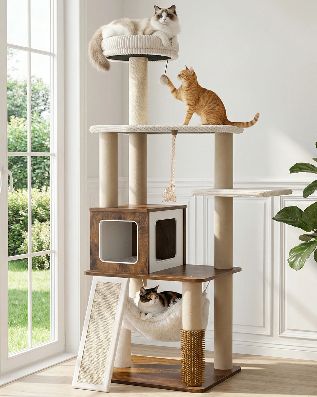 Purrlato Wooden Luxe 61-inch rustic brown cat tree tower featuring a ragdoll cat on the top white plush perch, a ginger cat playing with the ball toy, and a calico cat resting in the fluffy hammock.