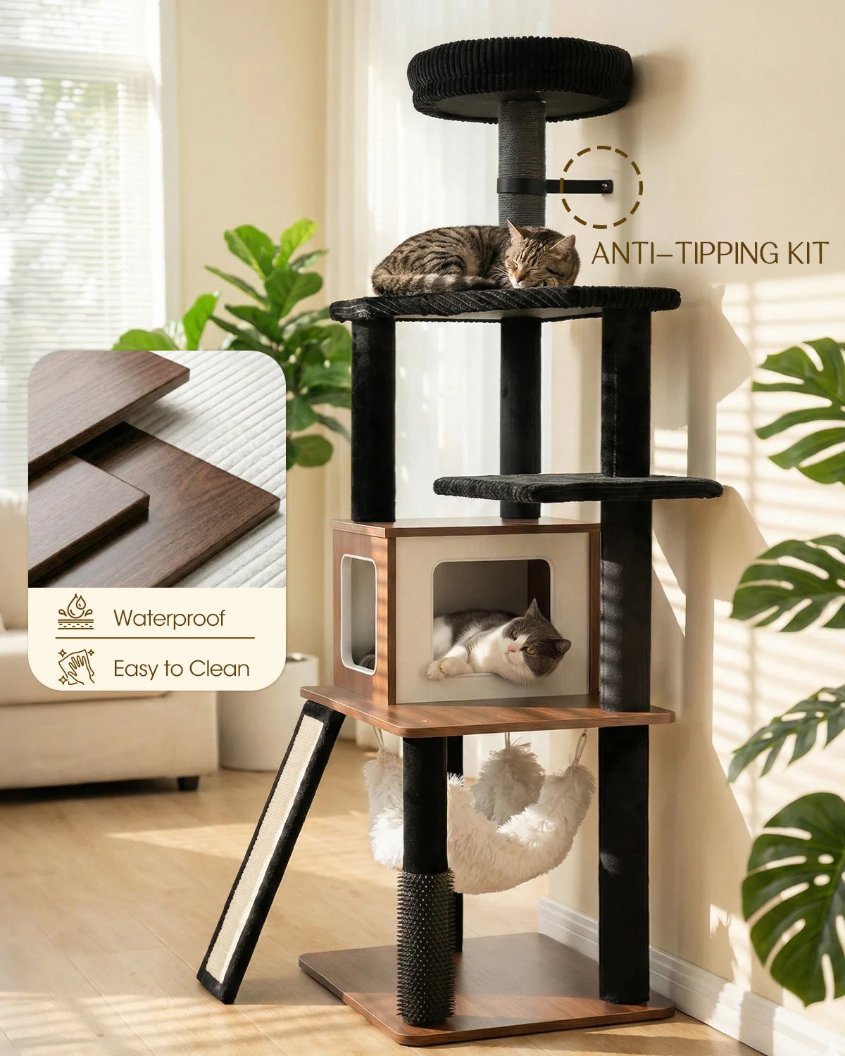 Stable Purrlato Wooden Luxe walnut cat tree featuring an Anti-Tipping Kit safety wall strap, waterproof and easy to clean dark wood board, with a tabby cat sleeping on top.