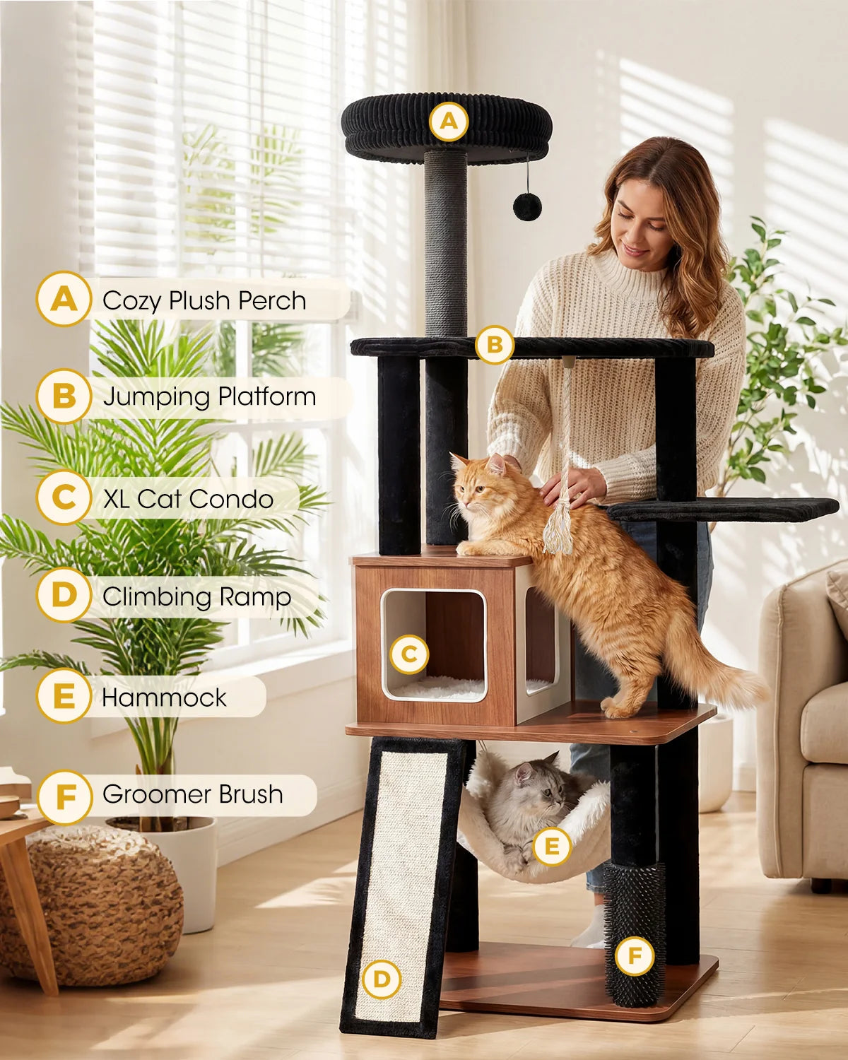 Product features diagram for Purrlato Wooden Luxe walnut cat tree, showcasing cozy black plush perch, jumping platform, XL cat condo, climbing ramp, soft hammock, and a groomer brush with a woman and orange cat.
