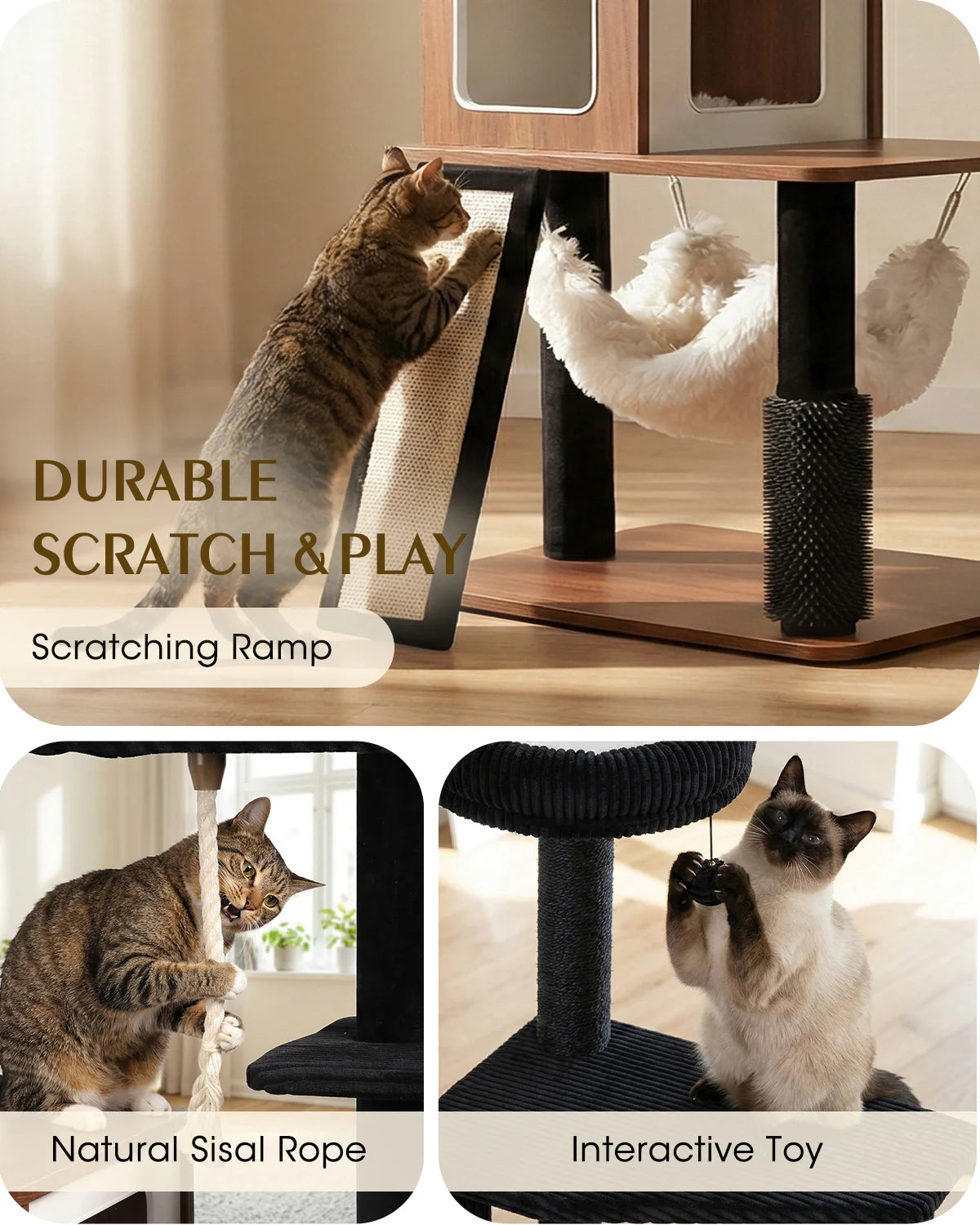 Purrlato Wooden Luxe walnut cat tree featuring a tabby cat using the scratching ramp, another cat biting the natural sisal rope, and a Siamese cat playing with the interactive toy.